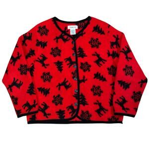 Talbots Red Fleece Cardigan Jacket Reindeer Snowflake Holiday Christmas Womens L